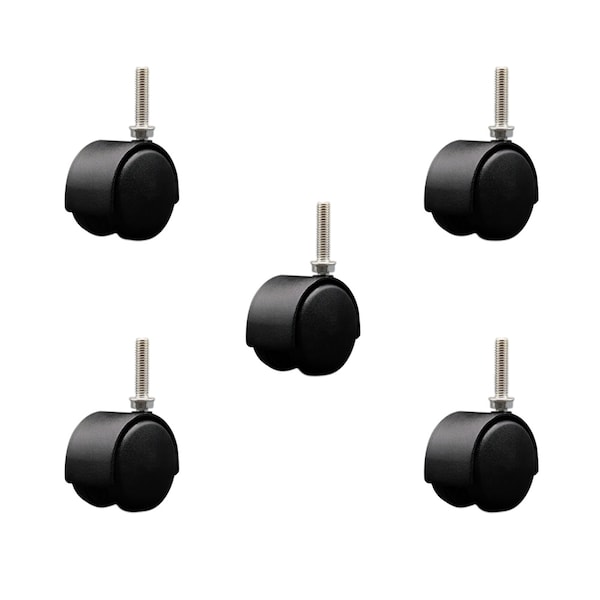 2'' Black Metal Hood Twin Wheel Caster Nylon Wheels 3/8 Thread Stem, 5PK